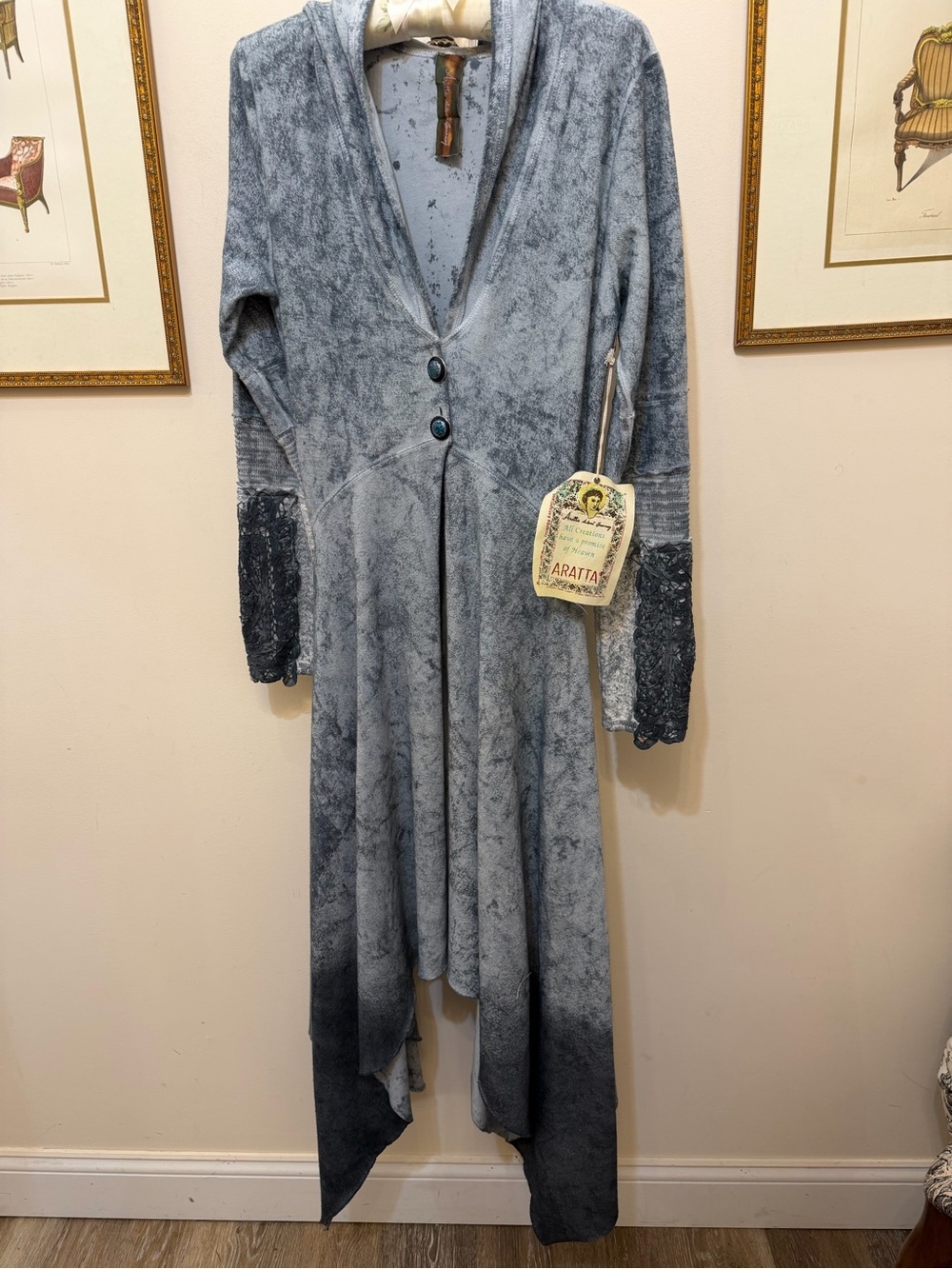 Aratta Forest Goddess Blue Gray Asymmetrical French Terry Knit Cardigan Dress